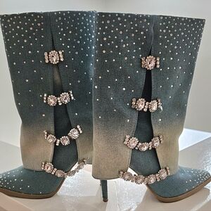 EB Denim Gradient Rhinestone Heeled Boots Sz 7. Worn 3 Times. Thalia Soda